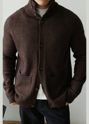 Coffee Pockets Cozy Cotton Knit Mens Cardigan Peter Pan Collar