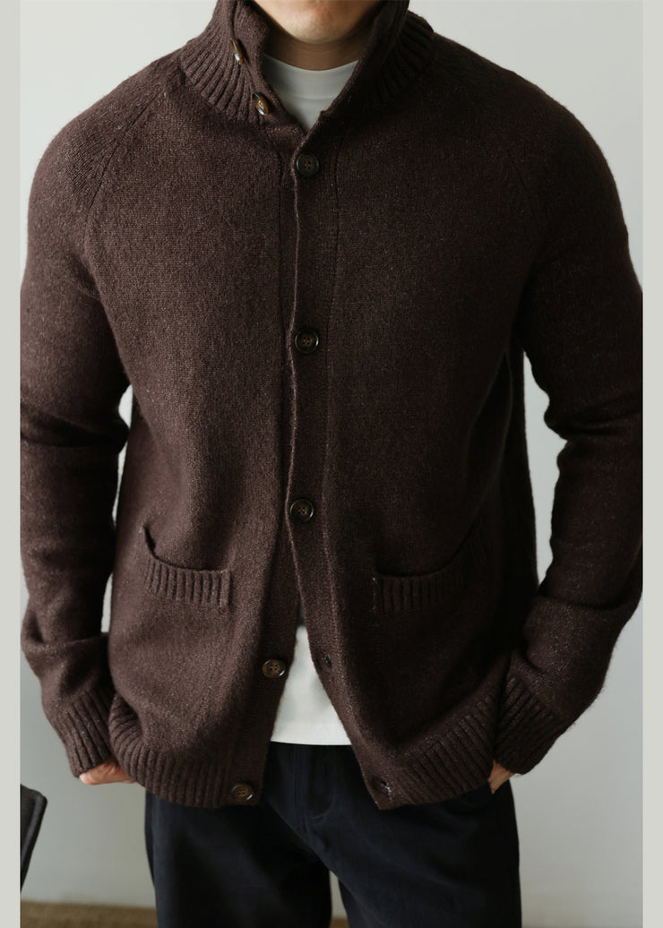 Coffee Pockets Cozy Cotton Knit Mens Cardigan Peter Pan Collar