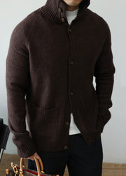 Coffee Pockets Cozy Cotton Knit Mens Cardigan Peter Pan Collar