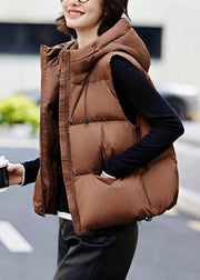 Coffee Pockets Drawstring Duck Down Waistcoat Hooded Winter