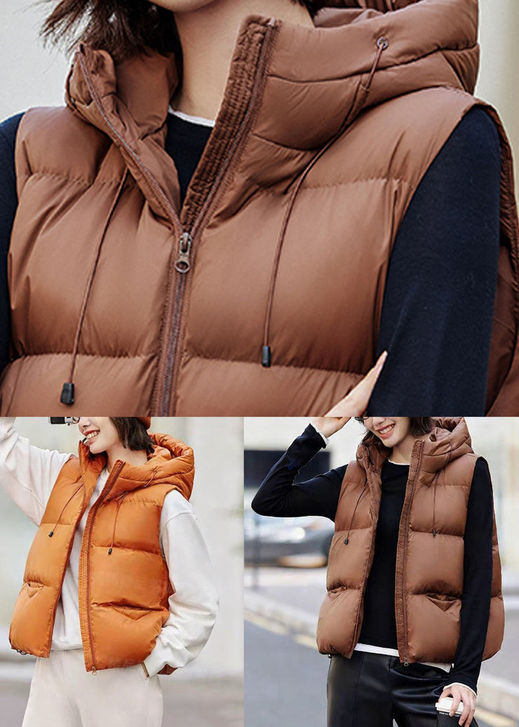 Coffee Pockets Drawstring Duck Down Waistcoat Hooded Winter