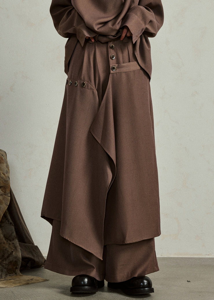 Coffee Pockets High Waist Cotton Pants Skirt Asymmetrical