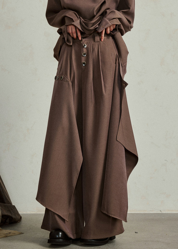 Coffee Pockets High Waist Cotton Pants Skirt Asymmetrical