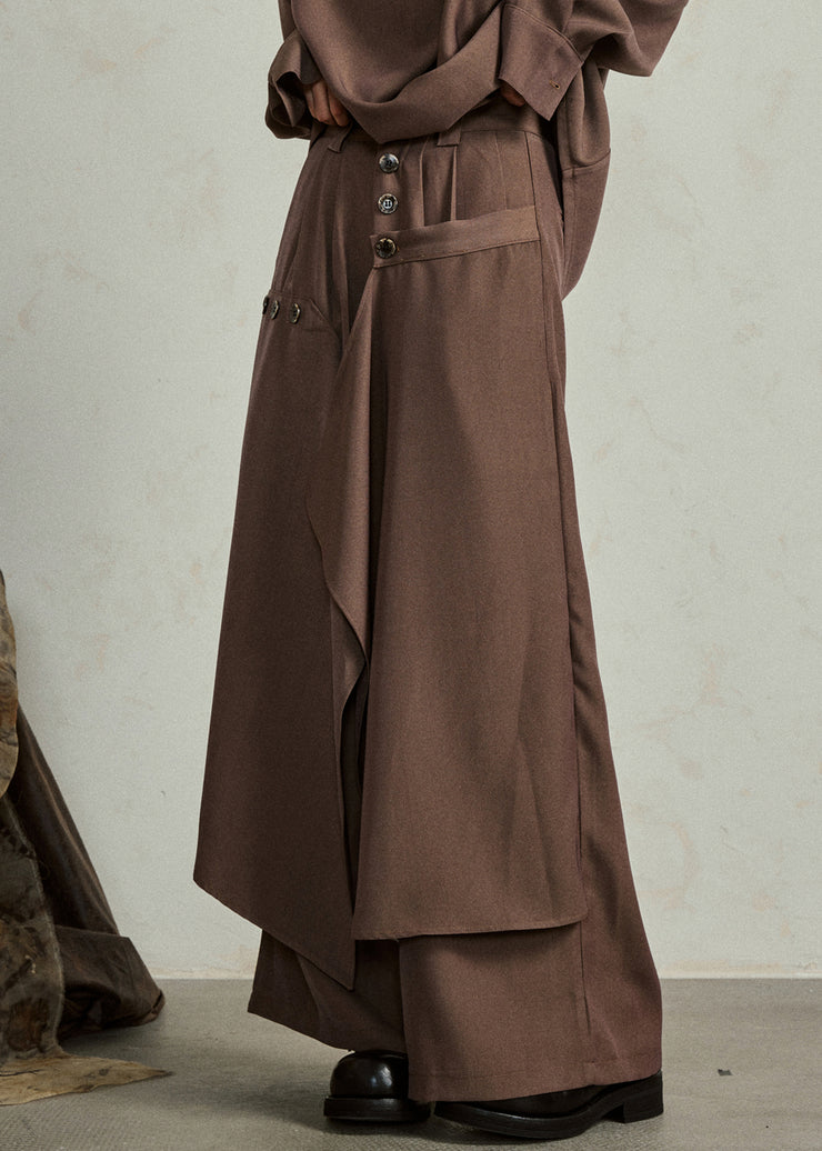 Coffee Pockets High Waist Cotton Pants Skirt Asymmetrical