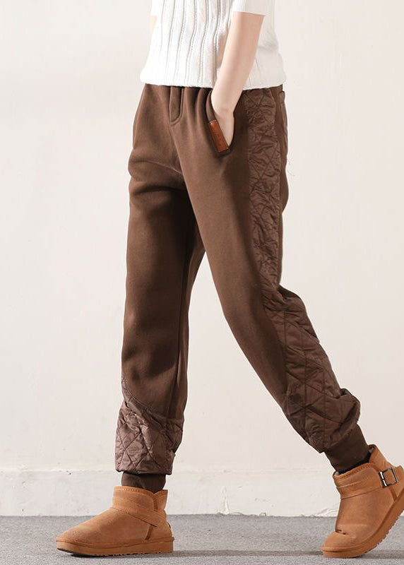 Coffee Pockets Patchwork Cotton Filled Harem Winter Pants Asymmetrical