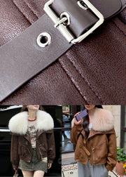 Coffee Pockets Patchwork Faux Suede Down Coat Fur Collar Winter