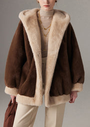 Coffee Pockets Plus Size Patchwork Mink Hair Winter Coat Hooded