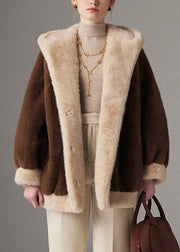 Coffee Pockets Plus Size Patchwork Mink Hair Winter Coat Hooded