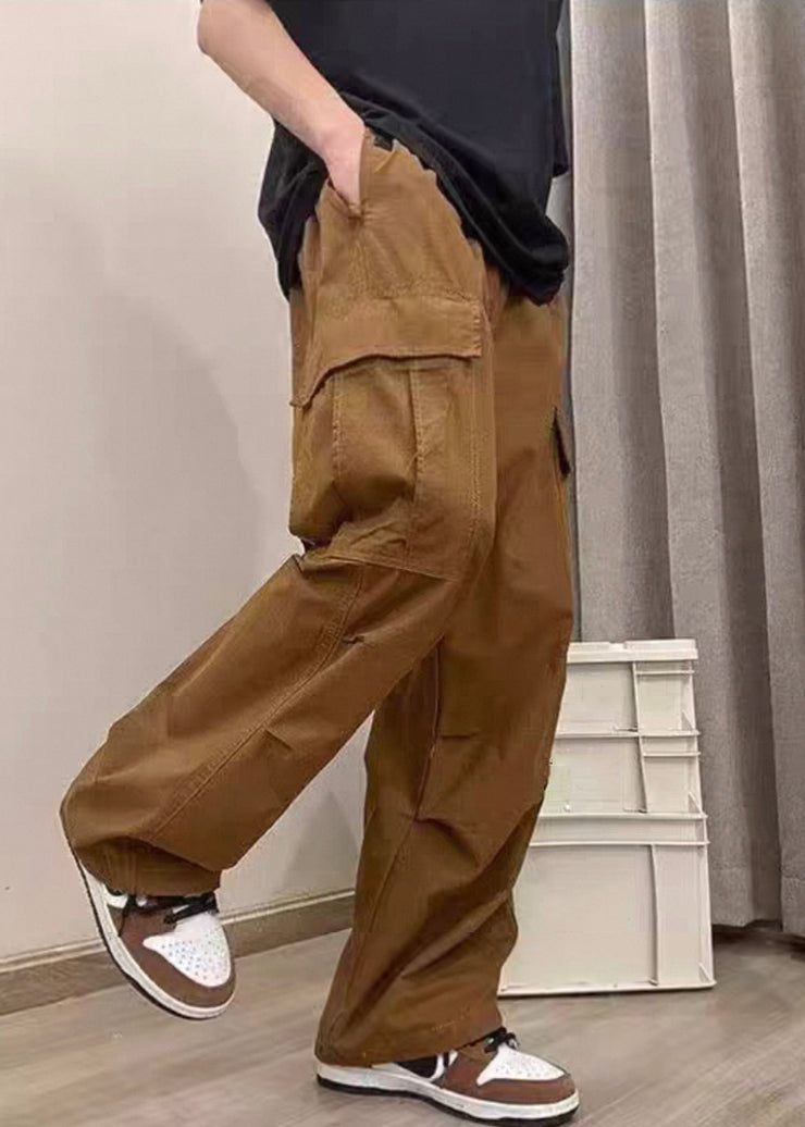 Coffee Pockets Solid Cotton Men Pants Casual Clothing High Waist Summer