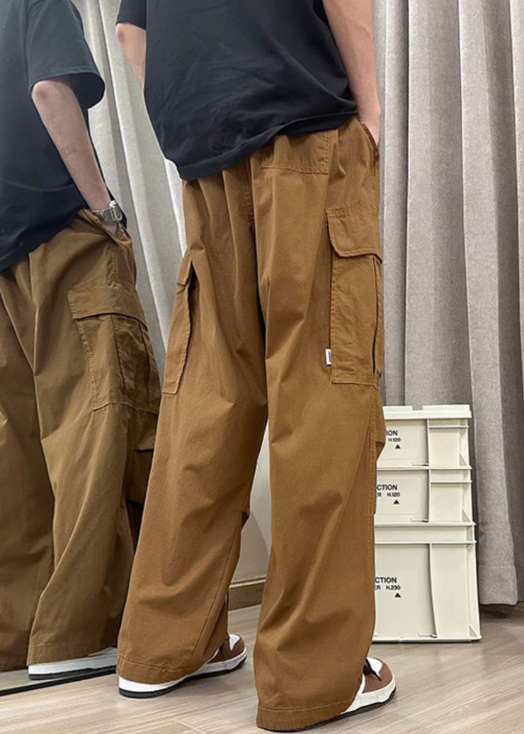 Coffee Pockets Solid Cotton Men Pants Casual Clothing High Waist Summer