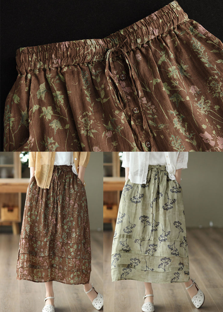 Chocolate Print Linen Skirt Wrinkled Pockets Tie Waist Summer