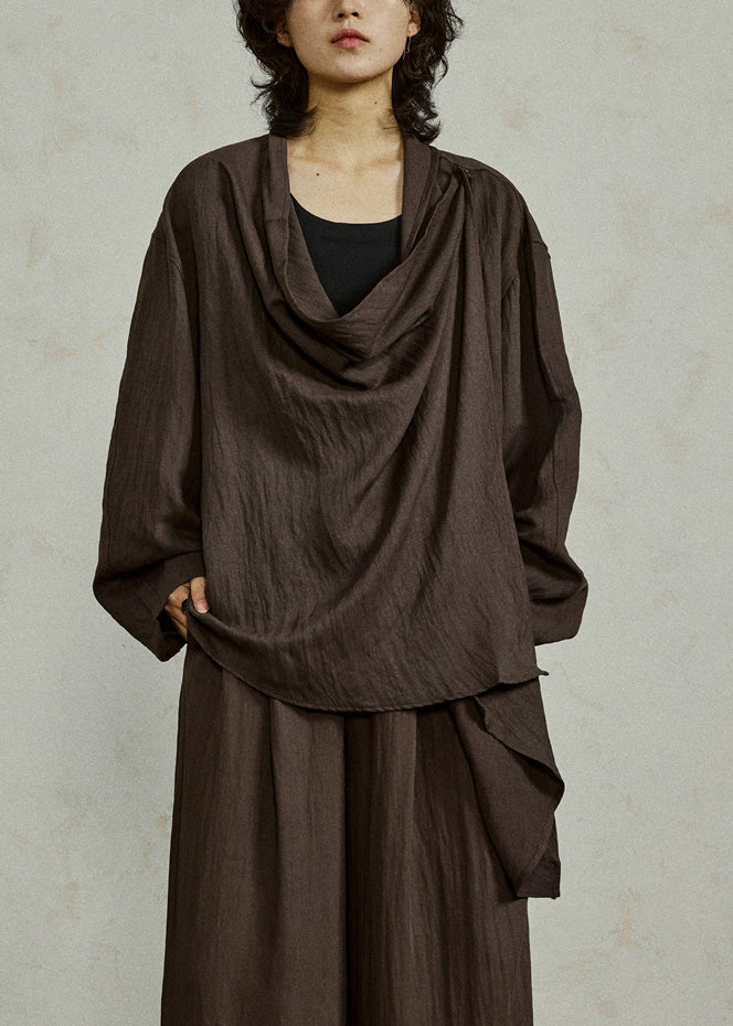 Coffee Shirt Flare Sleeve Patchwork Tie Waist