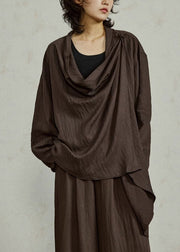 Coffee Shirt Flare Sleeve Patchwork Tie Waist