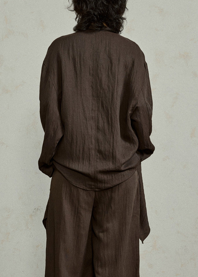 Coffee Shirt Flare Sleeve Patchwork Tie Waist