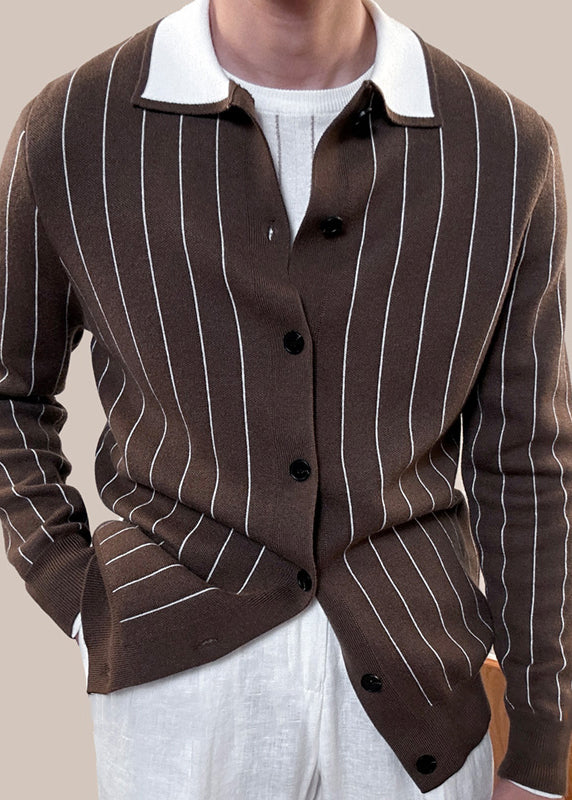 Coffee Striped Button Cozy Winter Men Knit Cardigan Peter Pan Collar
