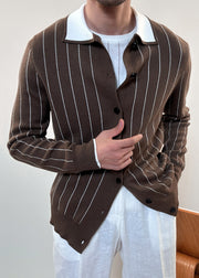 Coffee Striped Button Cozy Winter Men Knit Cardigan Peter Pan Collar