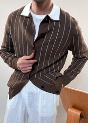 Coffee Striped Button Cozy Winter Men Knit Cardigan Peter Pan Collar