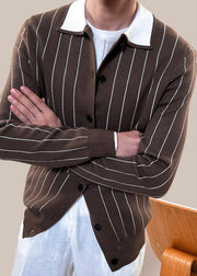 Coffee Striped Button Cozy Winter Men Knit Cardigan Peter Pan Collar