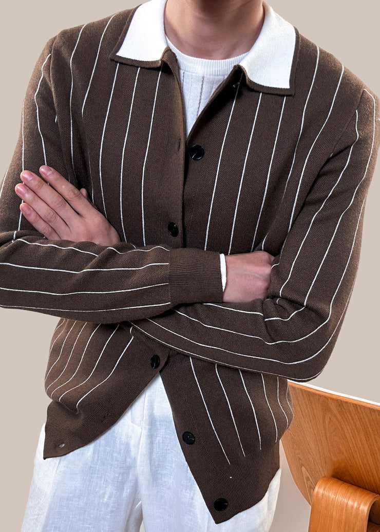 Coffee Striped Button Cozy Winter Men Knit Cardigan Peter Pan Collar
