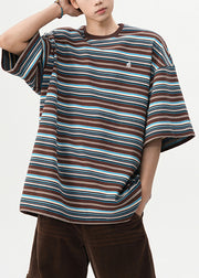 Coffee Striped Cotton T Shirt Men O Neck Half Sleeve