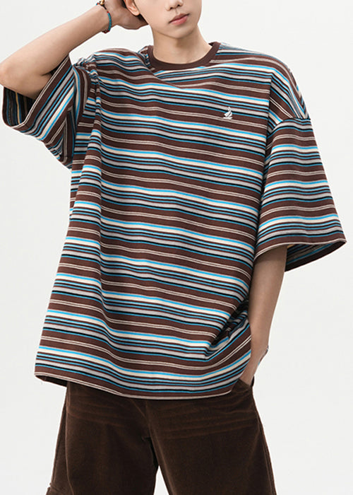 Coffee Striped Cotton T Shirt Men O Neck Half Sleeve