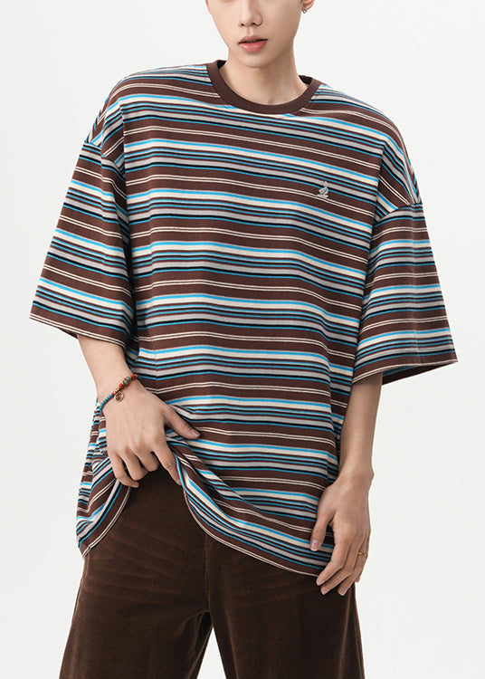 Coffee Striped Cotton T Shirt Men O Neck Half Sleeve
