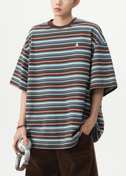 Coffee Striped Cotton T Shirt Men O Neck Half Sleeve