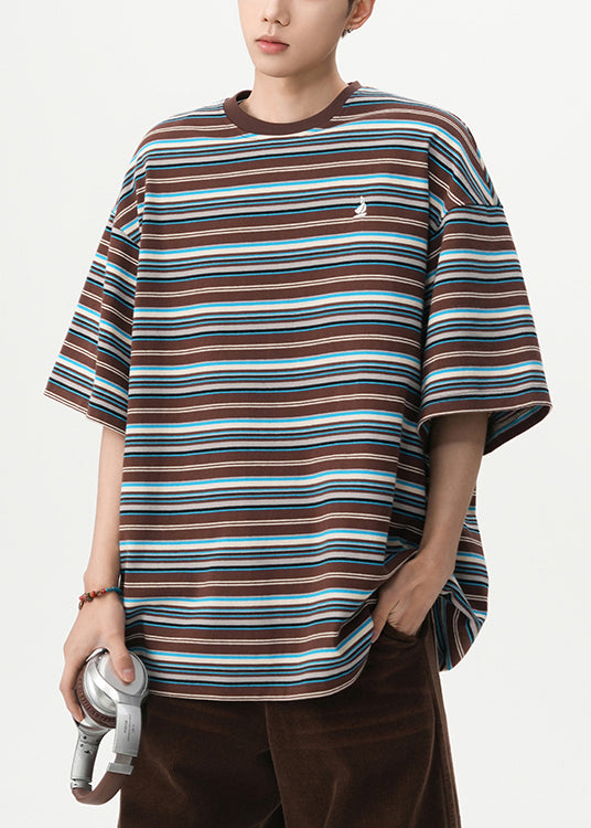 Coffee Striped Cotton T Shirt Men O Neck Half Sleeve