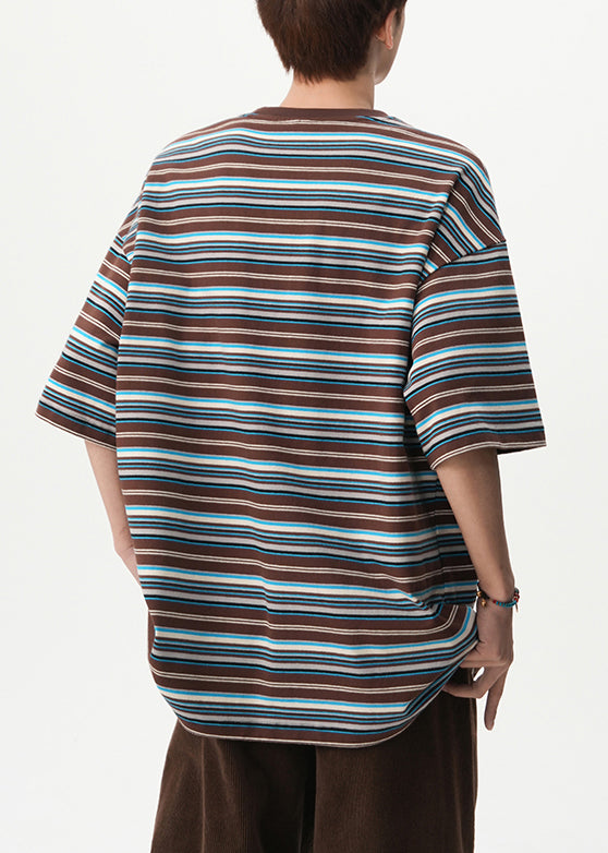 Coffee Striped Cotton T Shirt Men O Neck Half Sleeve