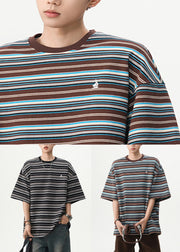 Coffee Striped Cotton T Shirt Men O Neck Half Sleeve
