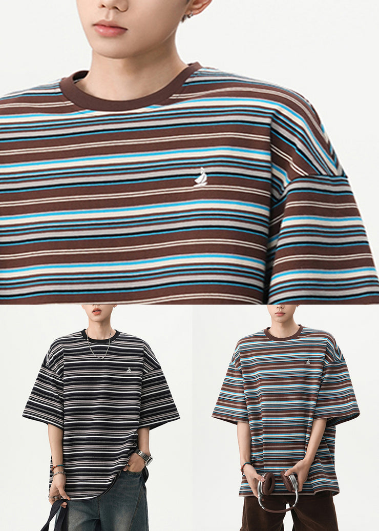 Coffee Striped Cotton T Shirt Men O Neck Half Sleeve