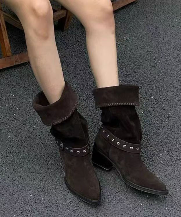 Coffee Suede Splicing Chunky Boots Pointed Toe