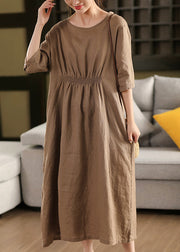 Coffee Wrinkled Button Linen Dress O Neck Summer