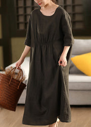 Coffee Wrinkled Button Linen Dress O Neck Summer