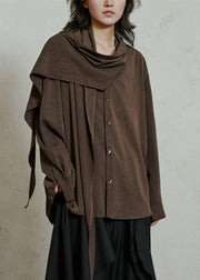 Coffee Wrinkled Button Solid Top Lantern Sleeve