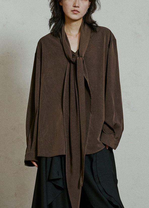Coffee Wrinkled Button Solid Top Lantern Sleeve