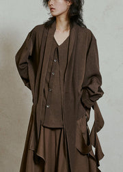 Coffee Wrinkled Button Solid Top Lantern Sleeve