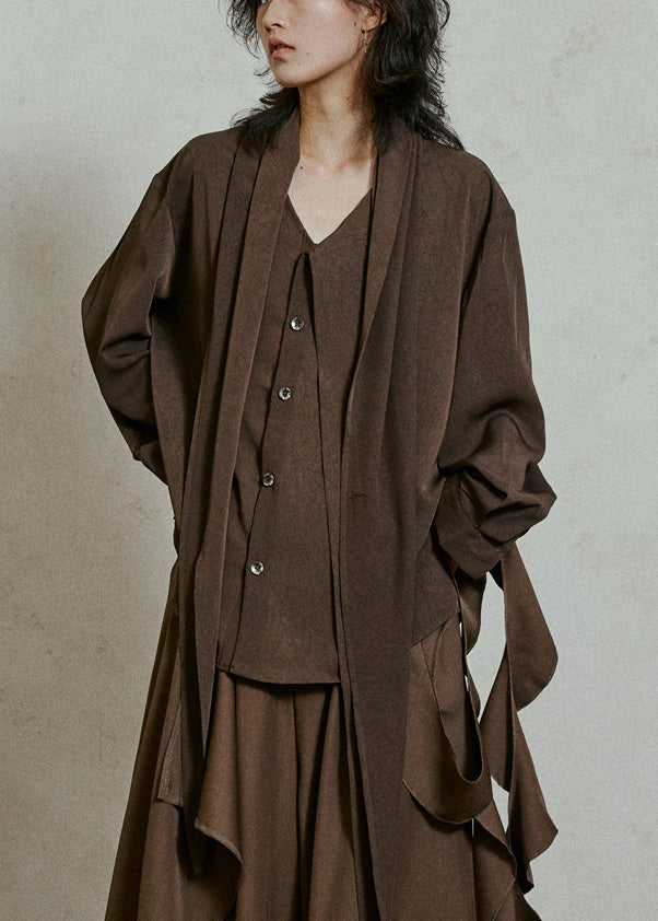Coffee Wrinkled Button Solid Top Lantern Sleeve