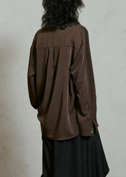 Coffee Wrinkled Button Solid Top Lantern Sleeve