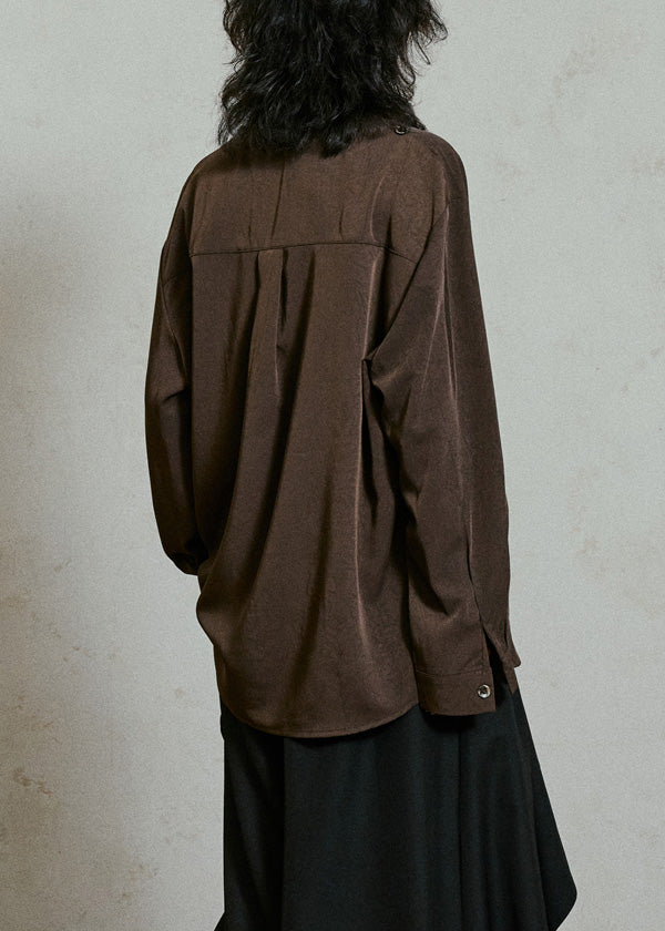 Coffee Wrinkled Button Solid Top Lantern Sleeve