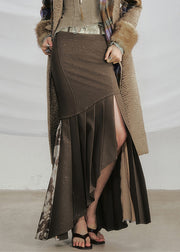 Coffee Zip Up Side Open Cotton Fall Skirts Asymmetrical