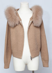 Coffee Zippered Patchwork Solid Knit Fall Coats Hooded