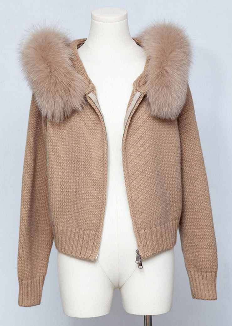 Coffee Zippered Patchwork Solid Knit Fall Coats Hooded