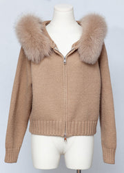 Coffee Zippered Patchwork Solid Knit Fall Coats Hooded