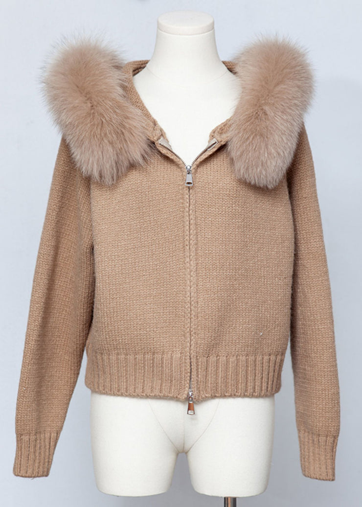 Coffee Zippered Patchwork Solid Knit Fall Coats Hooded