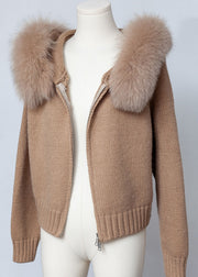 Coffee Zippered Patchwork Solid Knit Fall Coats Hooded