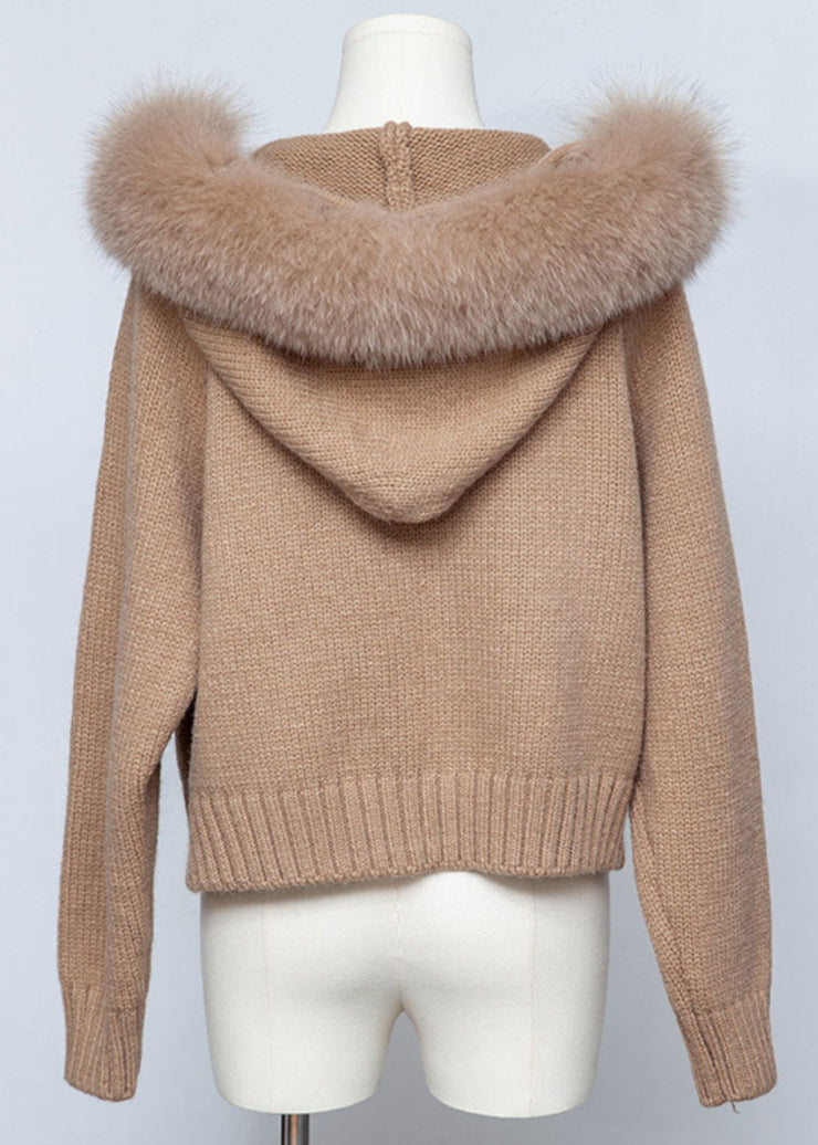 Coffee Zippered Patchwork Solid Knit Fall Coats Hooded