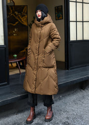Coffee Zippered Pockets Duck Down Down Long Coat Hooded