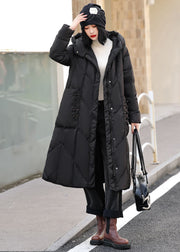 Coffee Zippered Pockets Duck Down Down Long Coat Hooded