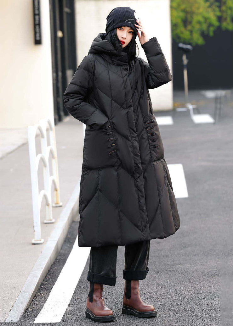 Coffee Zippered Pockets Duck Down Down Long Coat Hooded